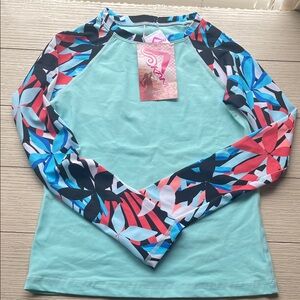 Girls Mint Rash Guard with Tropical Print Sleeves